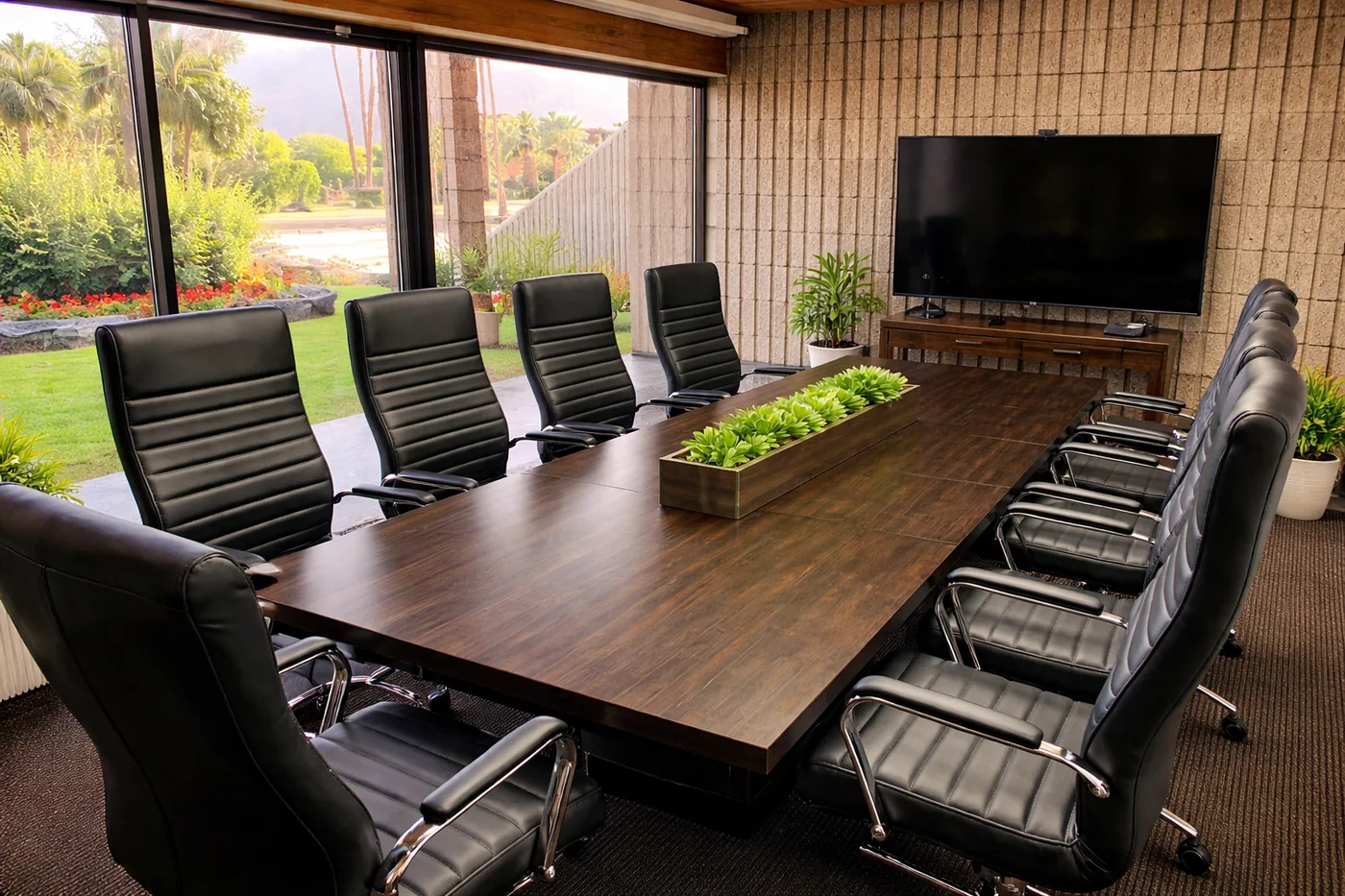A bright meeting room with a long table and garden views at Mental Wellness KS in Palm Springs, California